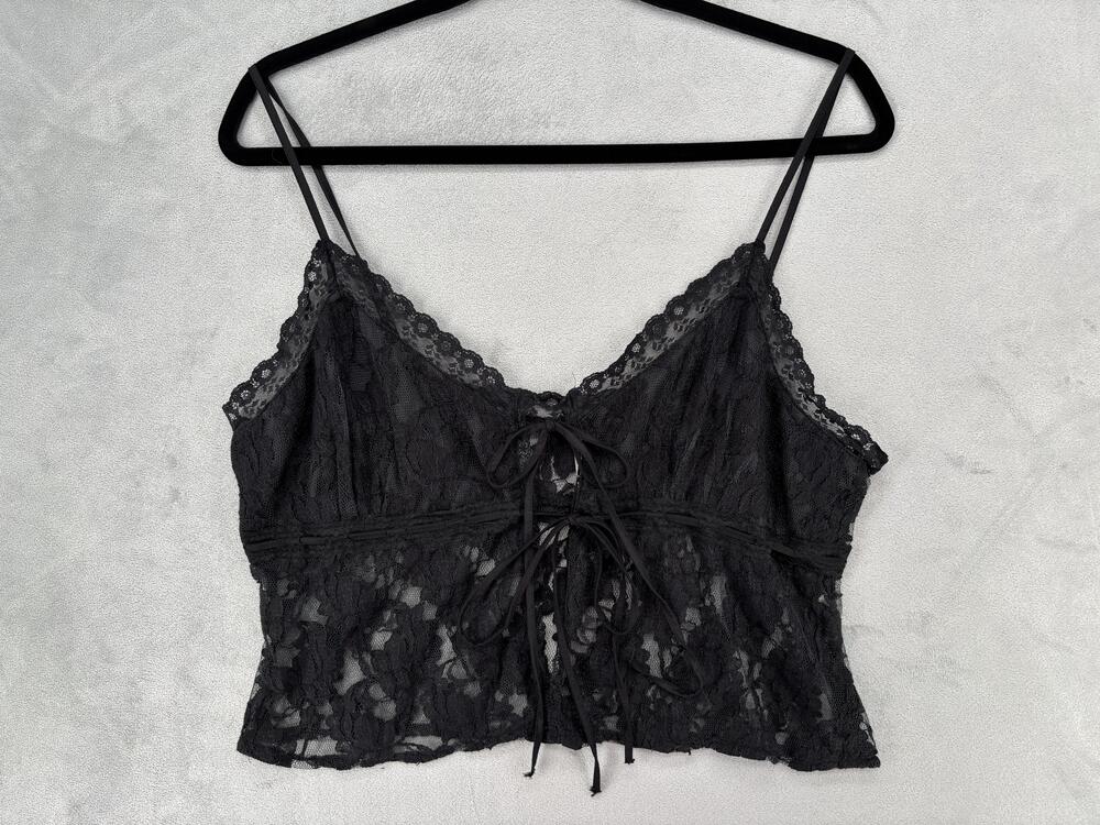 Free People Bralette Bra Womens L Black Lace Sheer Floral Tie Front Corset